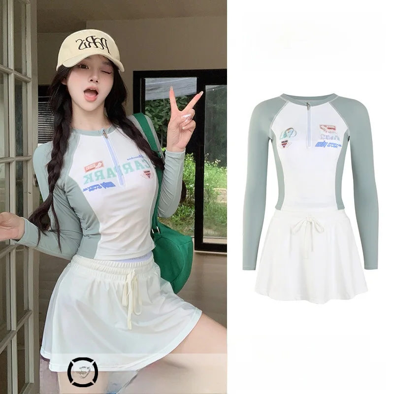 

Conservative Two-Piece Long Sve Dr Sle Swimming Suit for Women Thermal Spring Bathing plus Size Student Fitn Swimwear