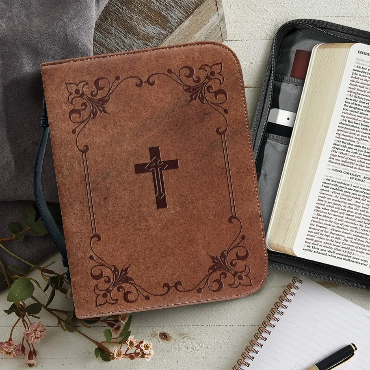 

Classic Leather Print Bible Bag for Women Zipper Handle Handbags Hymns Custom Cover Case Carrying Storage Bags Custom