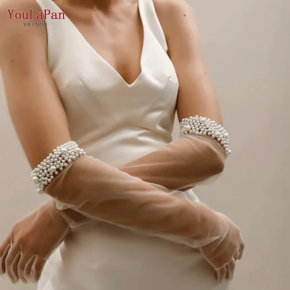 YouLaPan Pearl Bridal Gloves 1 Pair Tulle Wedding Gloves Transparent Long Above the Elbow DIY Tulle Bachelorette Party VM01-A