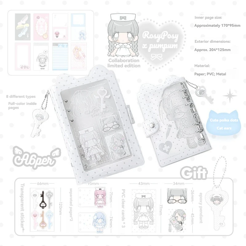 1PC PumPum Cat Ear losbladig notitieboek A7 transparante ringband, Koreaanse stijl handboek met zak, schoolbenodigdheden