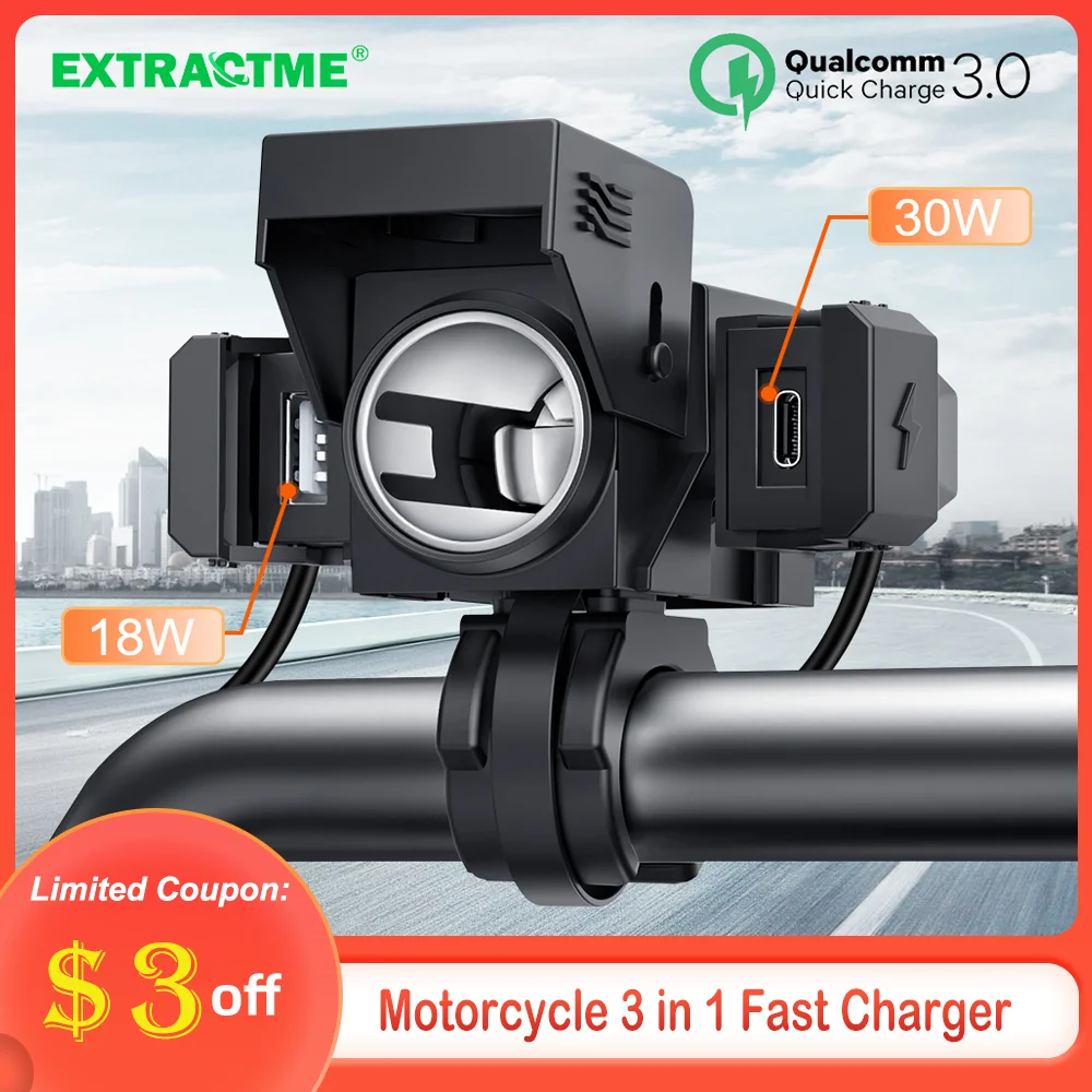 Motorcycle 3 in 1 USB Charger PD+QC3.0 Fast Charge Cigarette Lighter Socket USB Type-C Port Power Supply Adapter Waterproof