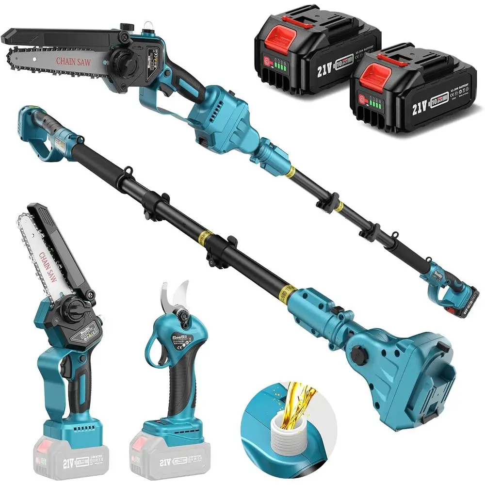 

6 Battery-Powered 4-in-1 Pole Saw & Pruner Kit with 2x4000mAh Batteries, 6 Mini Chainsaw for Tree Trimming