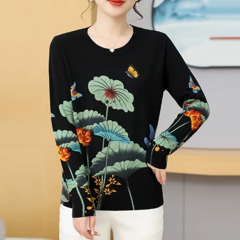 

The new 2025 fashion lotus leaf butterfly print printed sweater loose crew-neck jumper long-sleeved sweater top woman