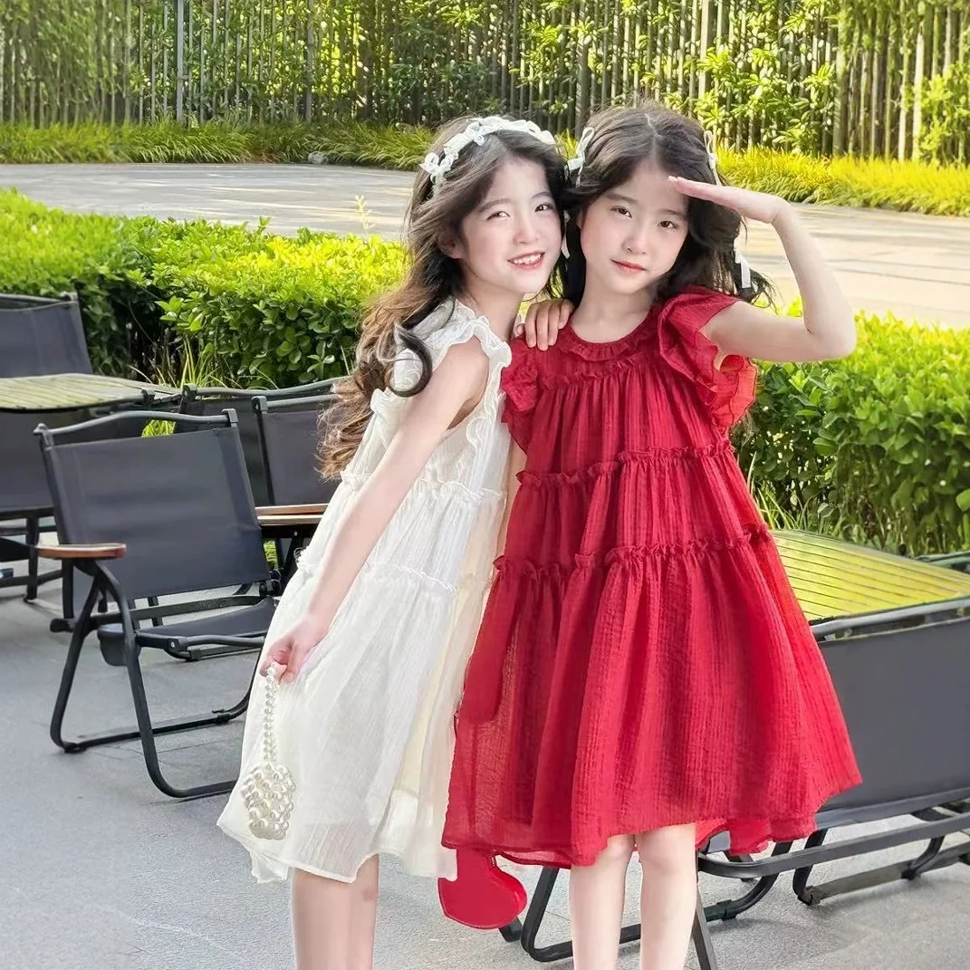 

Children's Clothing Girls' Flying Sleeve Dress 2026 Summer New Princess Solid Color Kids Sleeveless Skirt