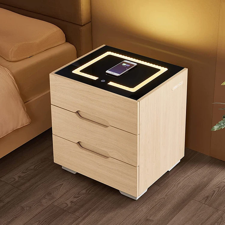 Multifunctional 3 Drawer Nightstand Bedroom Furniture Wooden Bedside Table with USB Wireless Charging