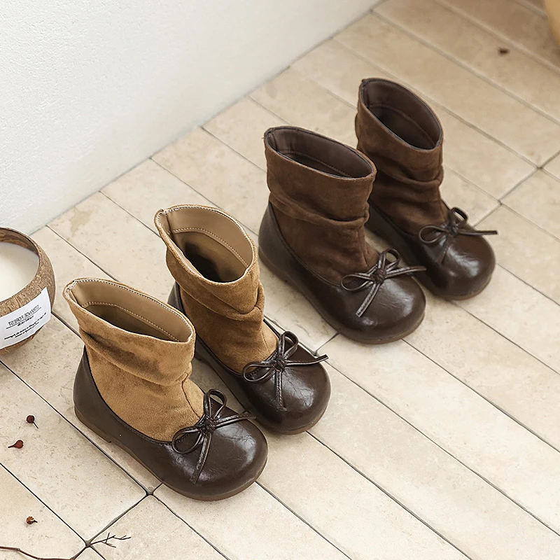 Girls Ankle Boots Bow Decor Slip-On Kids Suede Boots Soft Sole Non-Slip Toddler Booties for Autumn Winter Outdoor School Wear
