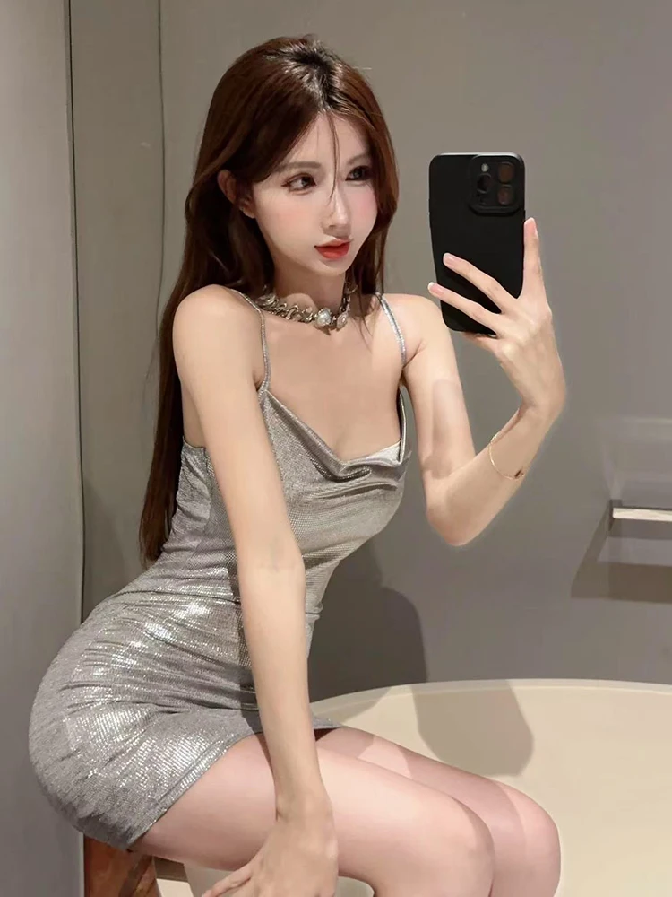 Minivestido Sexy ajustado y brillante para mujer, moda Y2K, vestido ajustado con cuello de pila para chicas, ropa de calle coreana, Vestidos para fiesta y discoteca, novedad