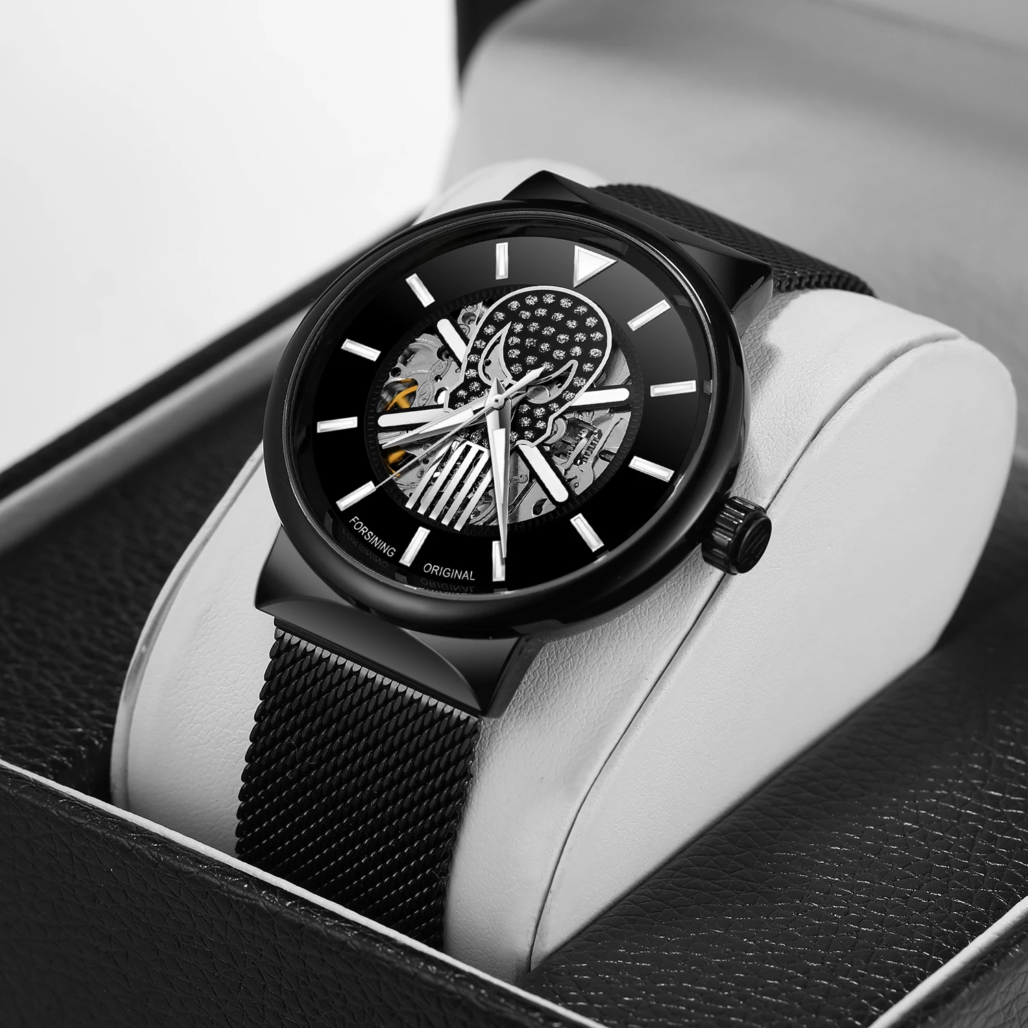 Forsining-Montres mécaniques automatiques pour hommes, modules évidés, ceinture en maille étanche, décontracté, nuit, crâne, lueur, marque supérieure, mode