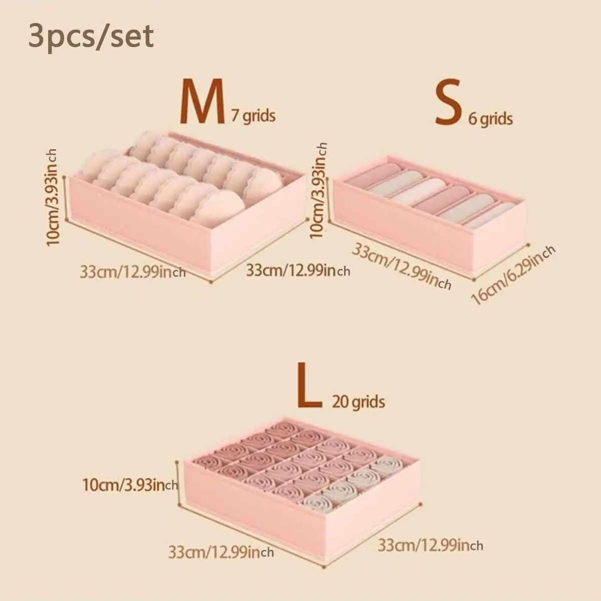 3pcs/Set -Pink Lidless Split Compartment Non-woven Underwear Storage Box Fabric Set Socks Bra Storage Box Home Accessary