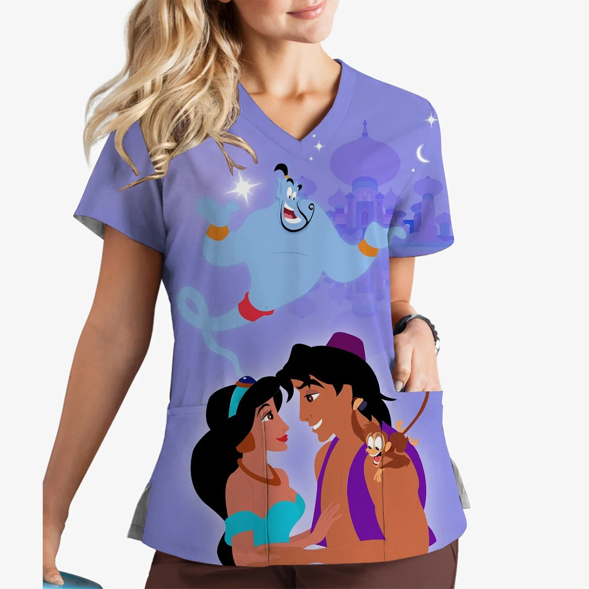 Haut de gommage imprimé princesse Jasmine, col en v, manches courtes, uniforme de travail pour infirmière d'hôpital, soignant, animalerie, nouvelle collection 2024