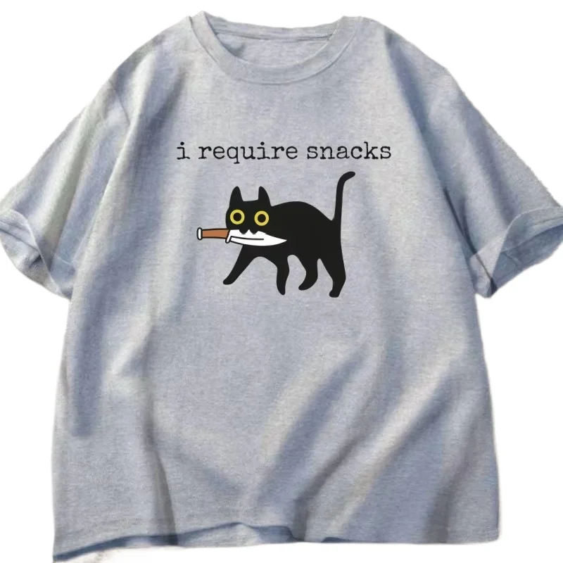 I Require Snacks T-Shirt Men Funny Black Cat Tshirt Cat Mom Short Sleeve Round Neck Tees Streetwear Man Clothes Tops