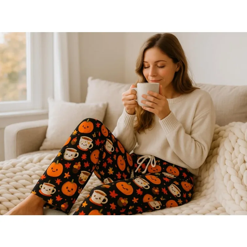 Autumn Atmosphere Cartoon Pumpkin Coffee Full Print Home Pants for Women Wearing Lazy Style Sleeping Pants