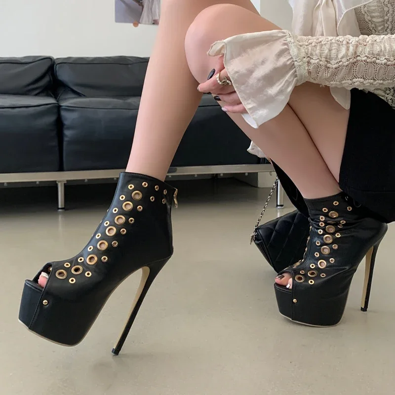 Aneikeh Fashion Black Leather Eyelet Platform Ankle Boots Women Peep Toe Super High Stiletto Back Zipper Nightclub Booties