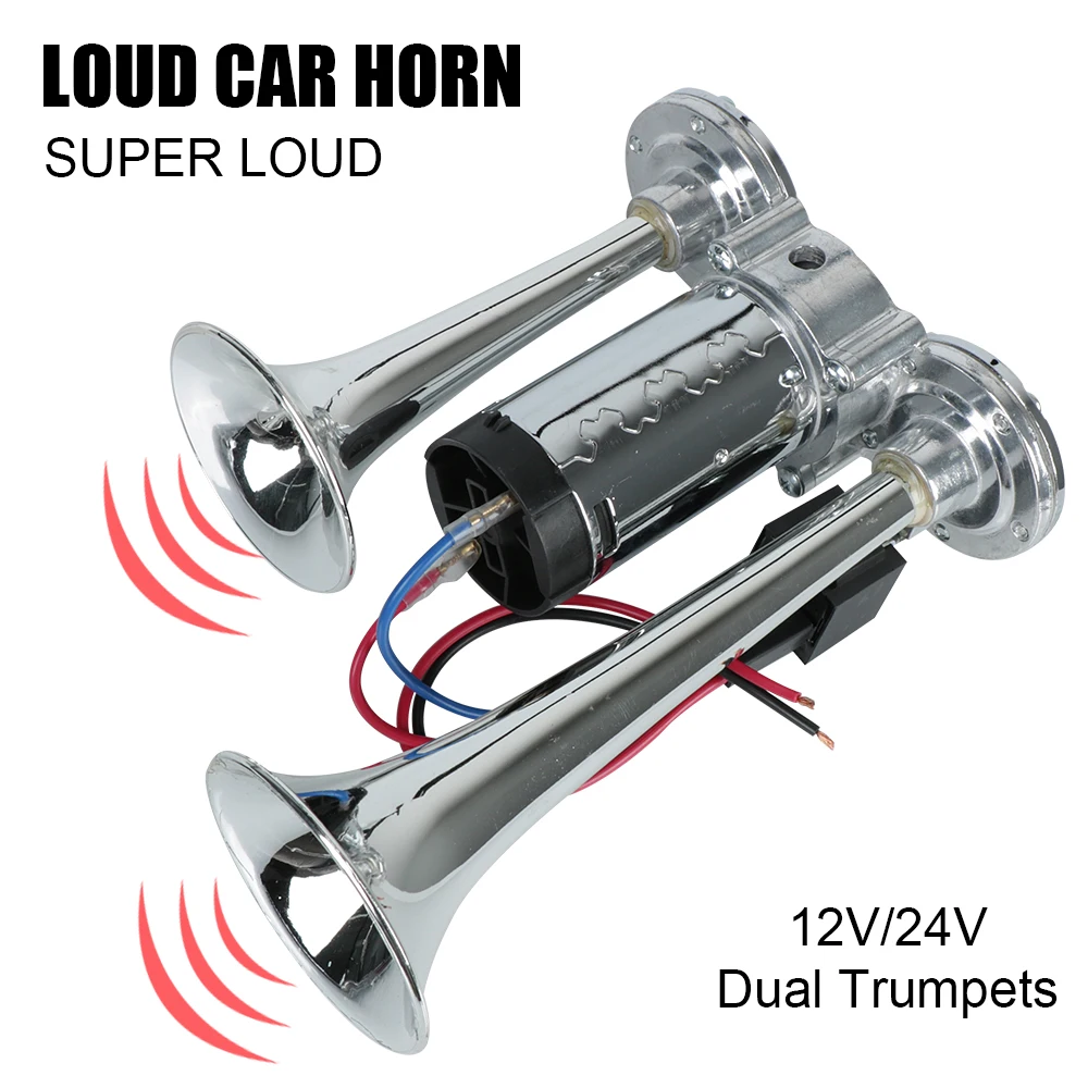 

12V/24V with Wires and Relay Car Air Horn Set For Motorcycle Boat Truck Super Loud Electric Speaker Dual Trumpets 110dB