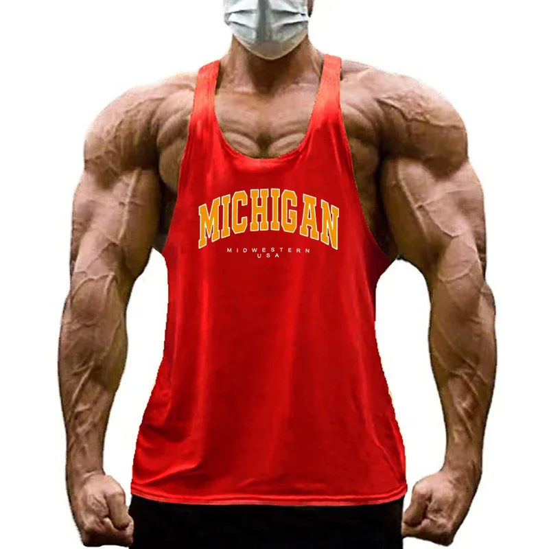 Michigan Midwestern USA Print Sport Tank Tops Mens Fitness Y-Back Cotton Sleeveless Shirt Gym Bodybuilding Muscle Stringer