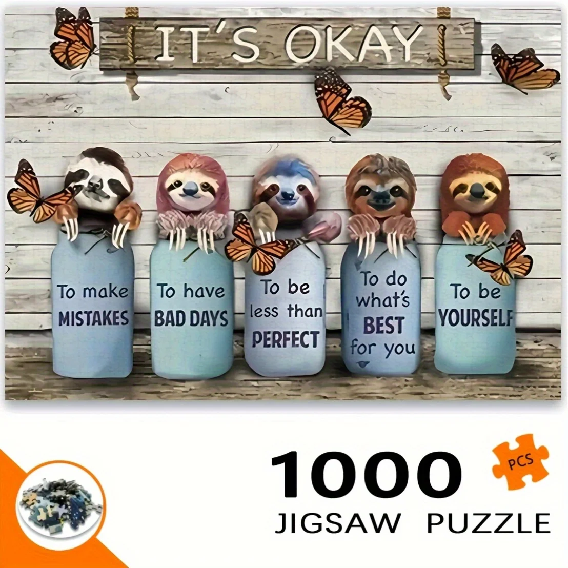 1000 قطعة من أحجية الصور المقطوعة على شكل كسلان وفراشة - تصميم رائع مع تأكيدات إيجابية، إطار مستطيل أبيض، محمول DIY Ar #5