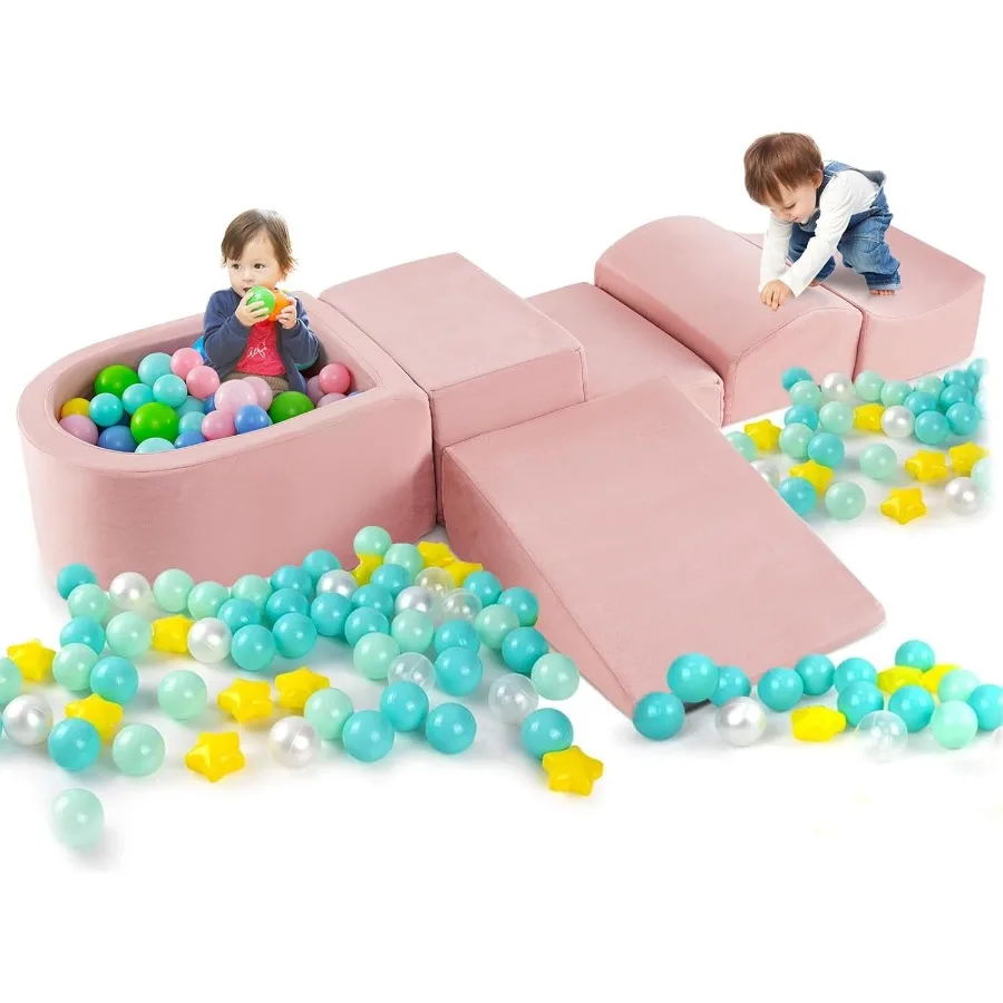 

Pink Foam Climbing and Crawl Playset for Toddlers Indoor 5-Piece Soft Play with Ball Pit and Detachable Machine-Washable Covers