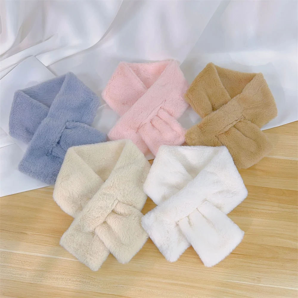 Winter Plush Scarf For Women Autumn Cute Thickened Warm Faux Fur Cross Scarves Girls Soft Neck Ring Scarf Korean Style