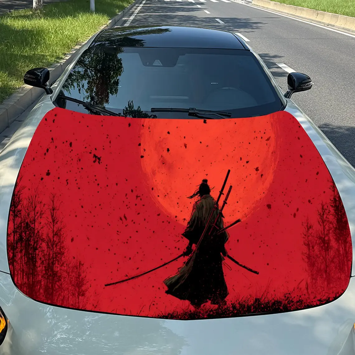 

Dramatic Red Samurai Car Hood Stickers - Self-Adhesive, Waterproof and Durable Vinyl Wrap, Decorate And Protect Your Car, Fit Fo