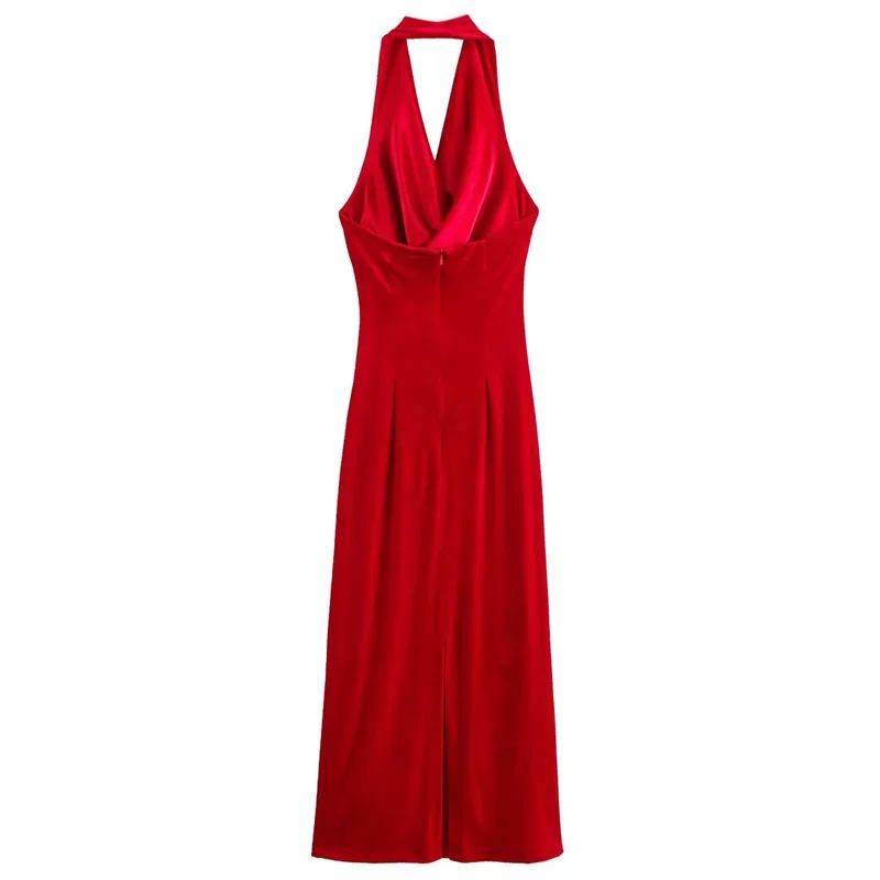 TRAF Elegant Party Dresses Women's Dress Red Halter Dresses Woman Luxury Velvet Long Vestidos Midi Sleeveless Backless Dresses