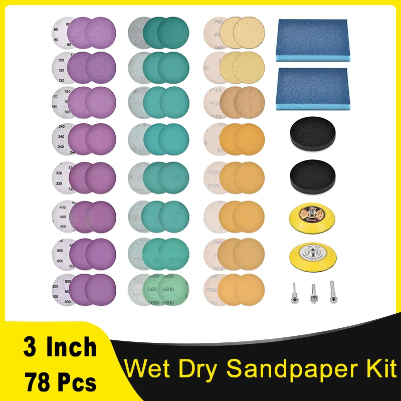 3 Inch 75MM Hook and Loop Sanding Discs Kit 78 Pcs with Backing Pad Sanding Attachment Sander 80-800 Grits for Wood Metal Car