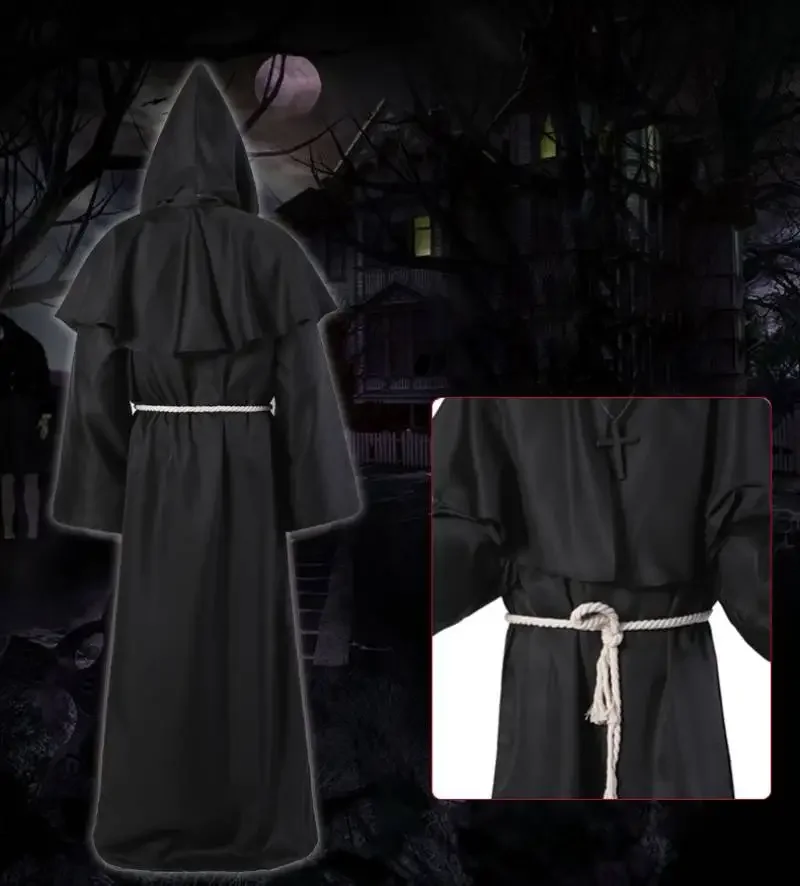 New Wizard Cloak Halloween Medieval Christian Friar Priest Robe Witch Cape Party Ghost Vampire Devil Cosplay Costume Accessories