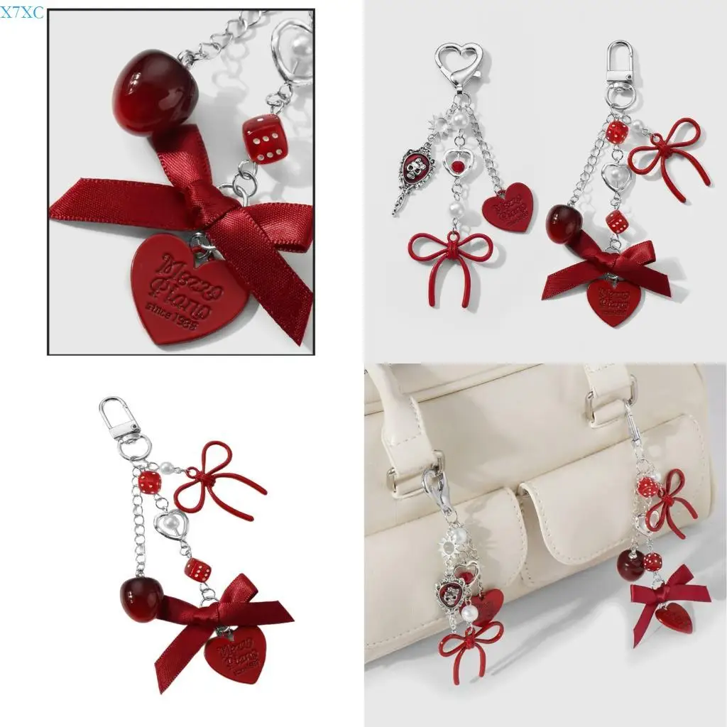 

X7XC Sweet Gothic Keyring Bows Design Skull Heart Charm Practical Bag Accessory For Teens Women Fashion Gift Bag Pendant