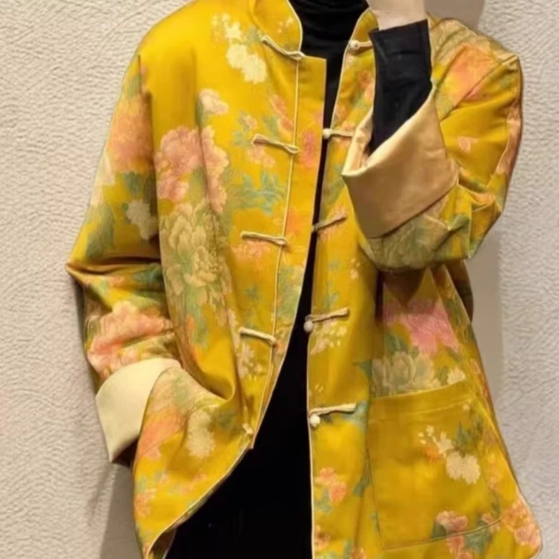 

Женское пальто в китайском стиле с цветочным узором, винтажное, весна-осень 2026, повседневное, с цветочным принтом