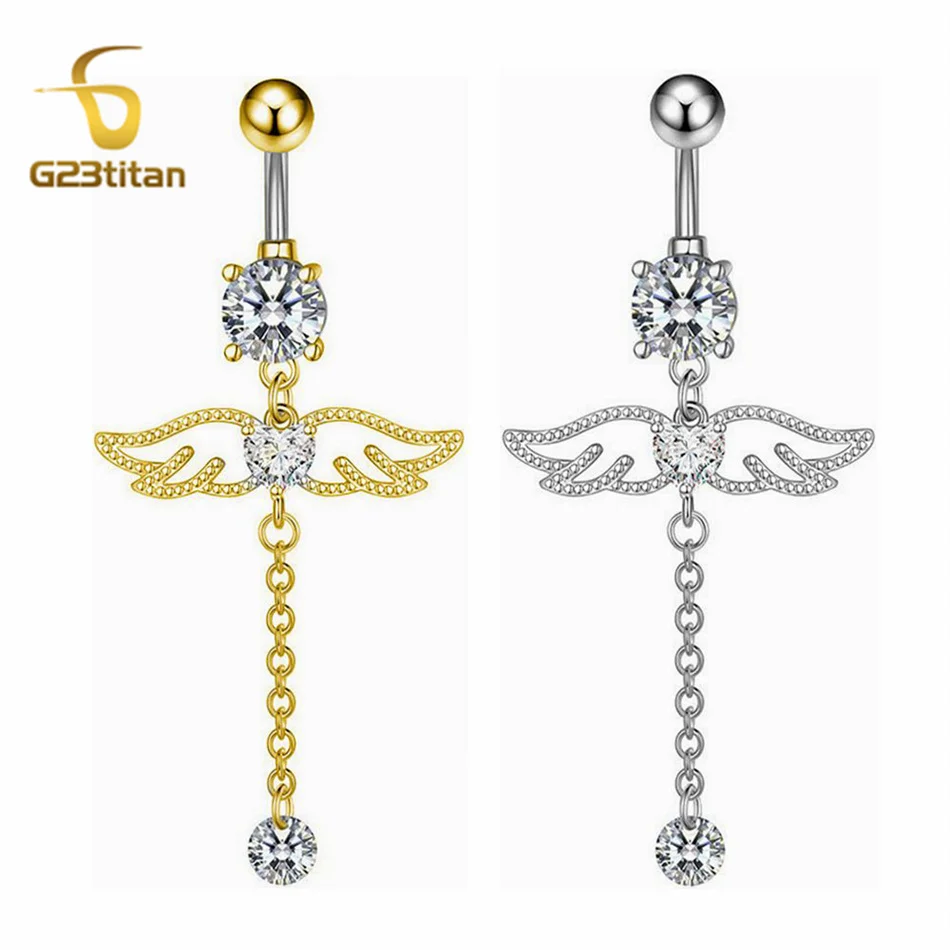 G23Titan تشيكوسلوفاكيا الزركون القلب الملاك الجناح البطن الدائري 14 جرام التيتانيوم منحني الحديد طويل شرابة السرة القرط النساء هيئة ثقب المجوهرات #1