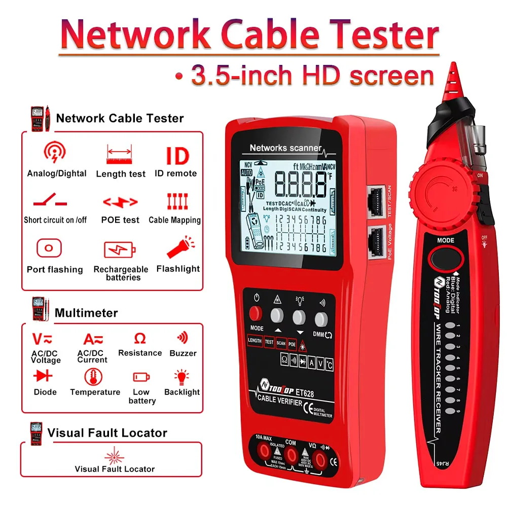 TOOLTOP Portable 600M Network Cable Tester POE Cable Mapping AC/DC NCV Multimeter Visual Fault Locator For Cable repair tools
