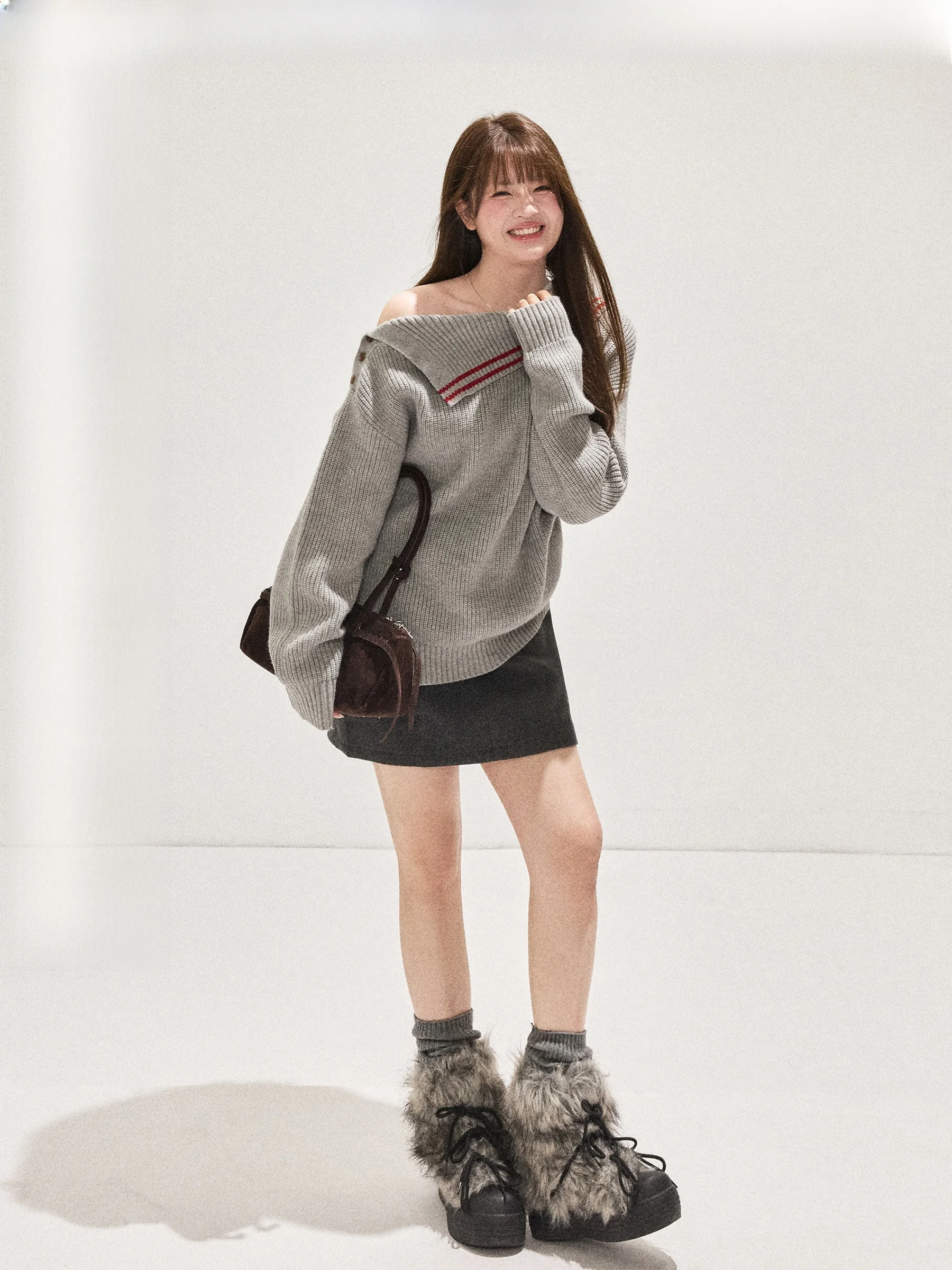 

JULULOOK Nara Deer Studio, комплект из свитера и юбки на одно плечо больших размеров, модная свободная асимметричная юбка