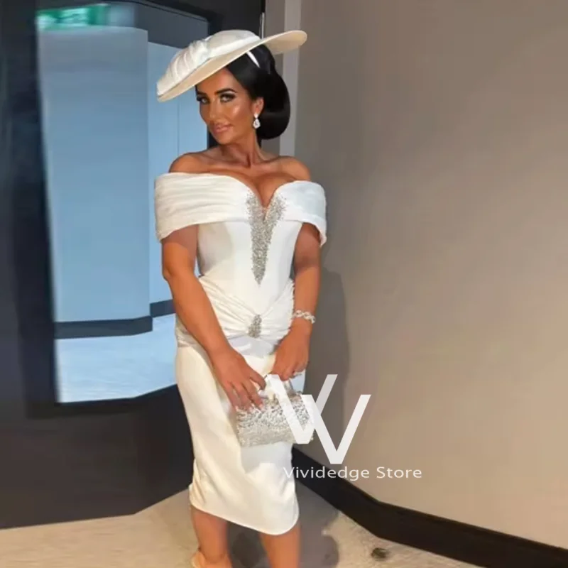 Elegante vestido de noche corto blanco con hombros descubiertos y cuentas, vestido recto para mujer, vestido de cumpleaños, ocasiones especiales, vestido de cóctel Praty