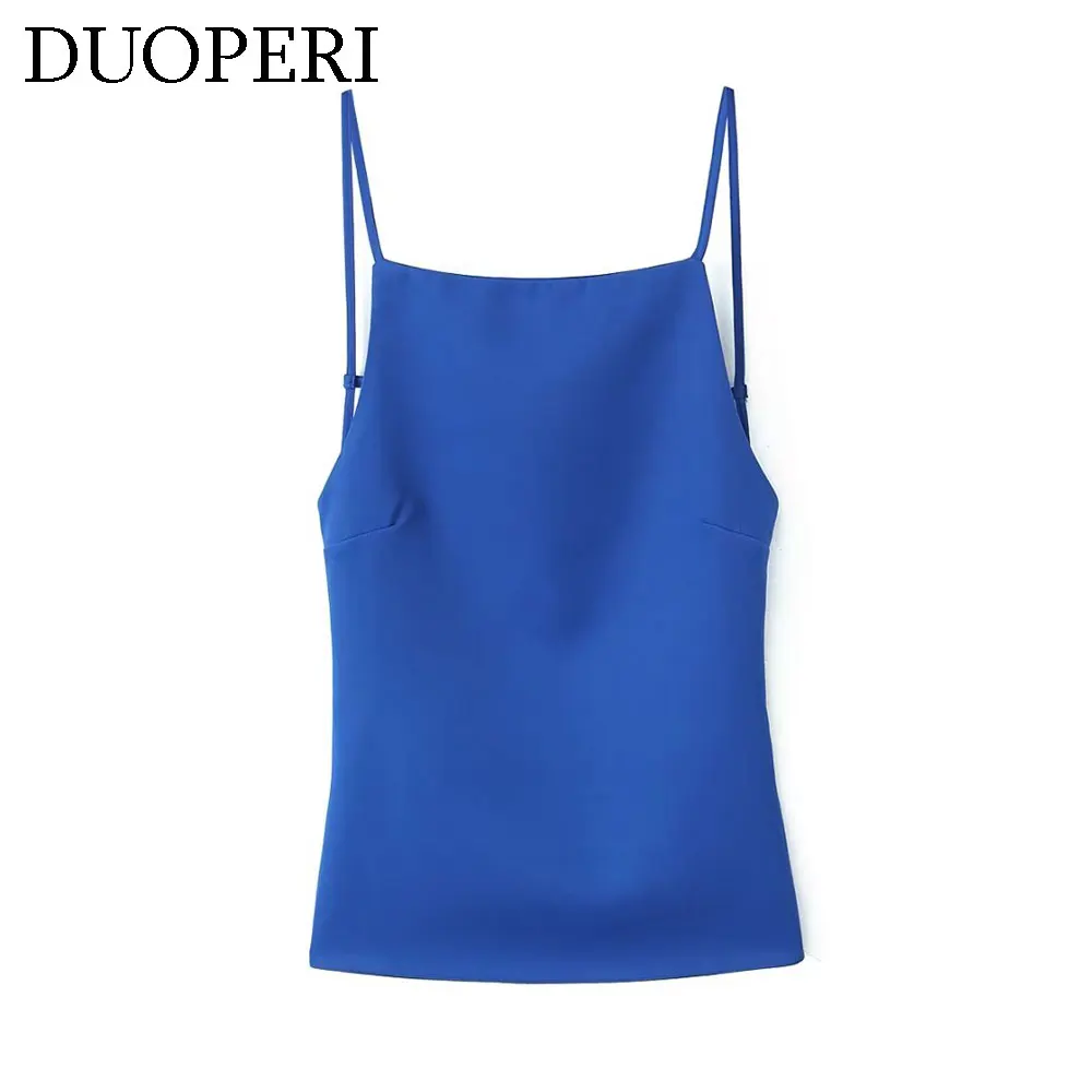 DUOPERI Women Fashion Backless Camisole Square Neck Thin Straps Female Chic Lady Casual Basic Tops Tank