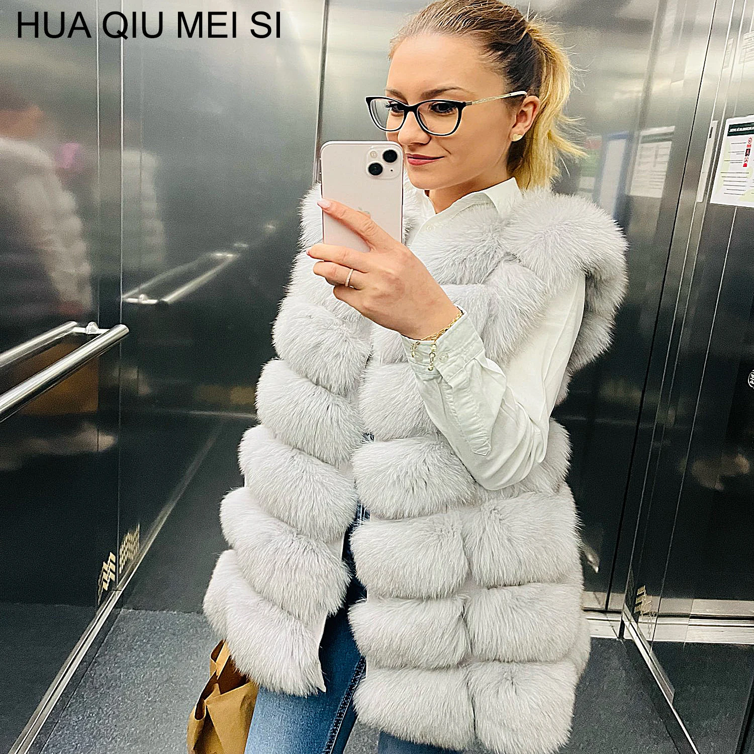 Damska kamizelka z naturalnego futra lisa 70 cm, ciepła, modna, puszysta kamizelka z prawdziwego futra.