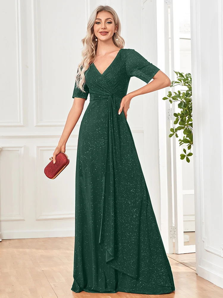 XUIBOL 2024 New Women Green Evening Dress Elegant V-Neck Shining Formal Gown Robe Vestidos De fiesta Dress For Wedding Party