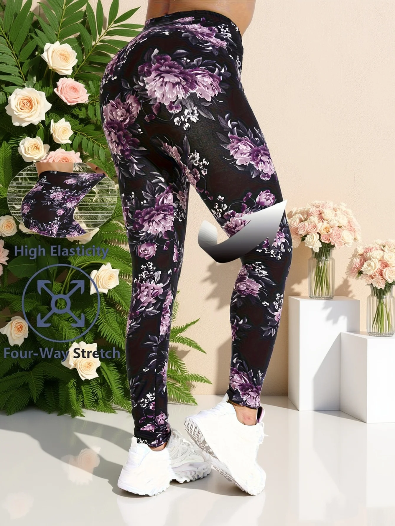 Women Mid‑Waist Fleece Lined Ankle Length Leggings Purple Rose Floral Print Stretch Slim Warm Elastic Casual Daily Sports Pants