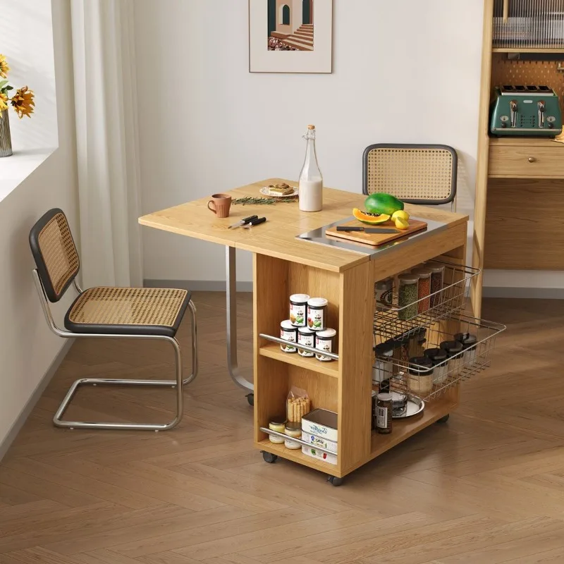 Removable folding dining table household small apartment island kitchen trolley, bar cabinet, storage side cabinet
