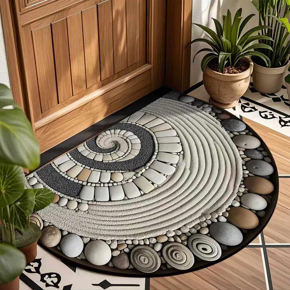 Cobblestone Pebble Semi Circle Doormat Non Slip Washable Floor Mat for Front Door Entry Natural Stone Style Indoor Home Decor