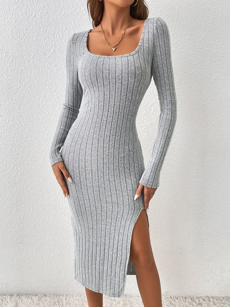 2024 Europe And The United States Autumn And Winter New Square Collar Waist Skirt Irregular Hem Sexy Sleeve Dress Women