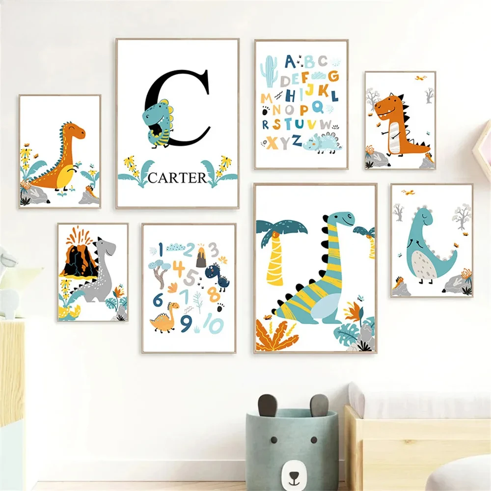 

Alphabet and Number Wall Poster Boy Custom Name Canvas Painting Colorful Dinosaur Print Nursery Wall Art Picture Kids Room Decor