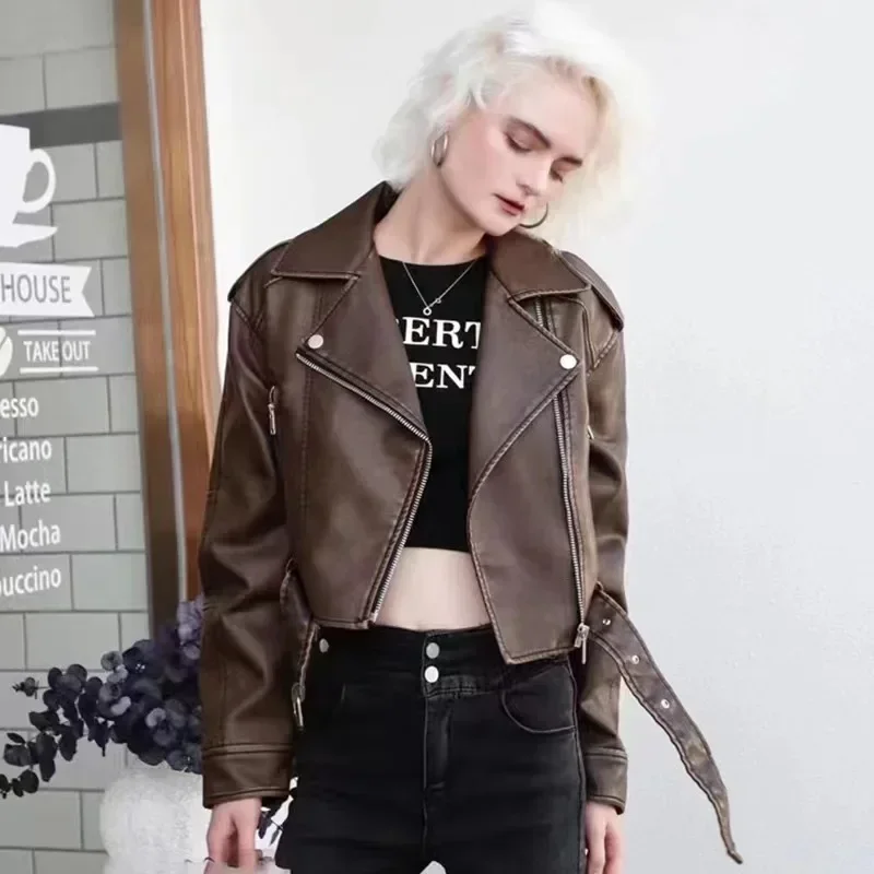 

Vintage Bomber Jackets Women Spring Autumn Streetwear PU Women's Moto Biker Leather Jacket Outerwears New in Coats