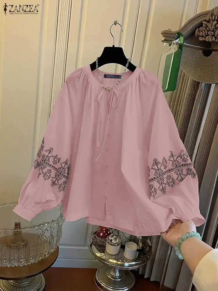 

ZANZEA Fashion Embroidery Blouse Women Long Sleeve Bandage Autumn Shirts 2025 Elegant Vintage Print Blusas Office Blusas Femme