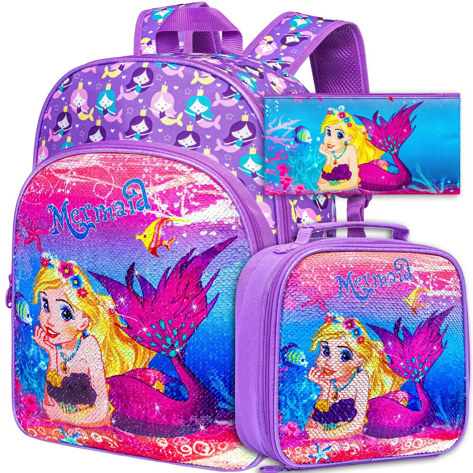 

3PCS Backpack for Girls with Lunch Box,16”Kids Sequin Bookbag with Lunch Box, School Bag for Elementary Toddler