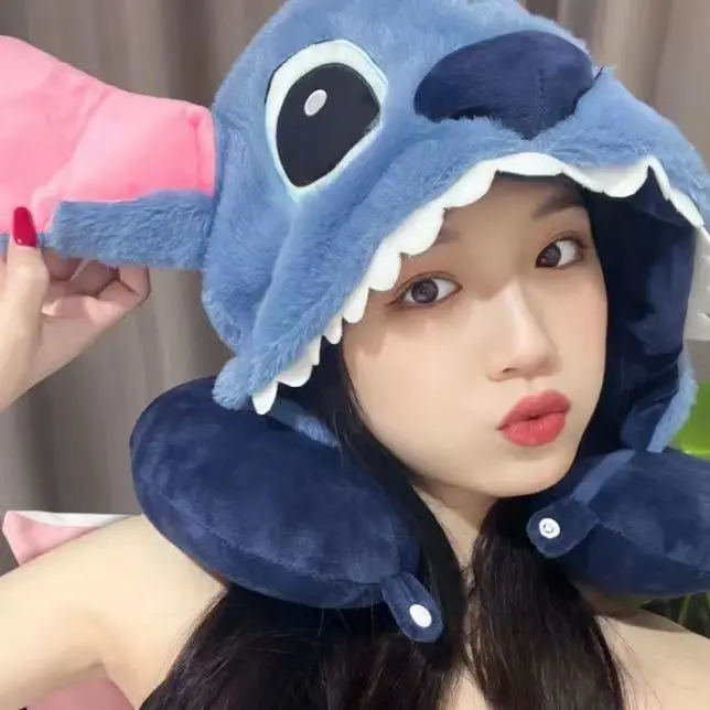 

Disney Stitch Cartoon Nap Hooded Plush Neck-protecting U-shaped Pillow Airplane Shading Travel Pillow Boyfriend Gift