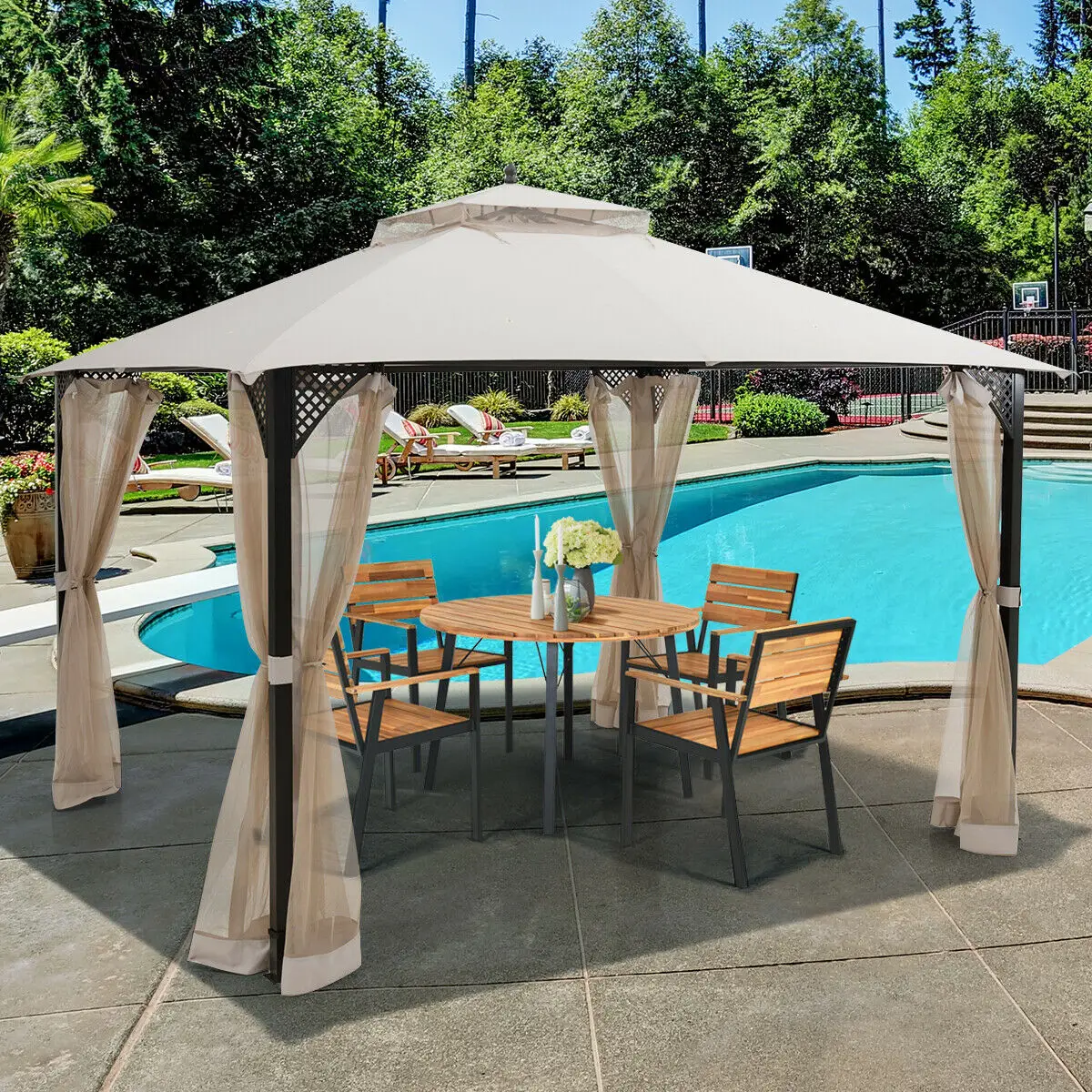 Patiojoy 12' X 10' Outdoor Patio Gazebo Canopy Shelter Double Top Sidewalls Netting Beige