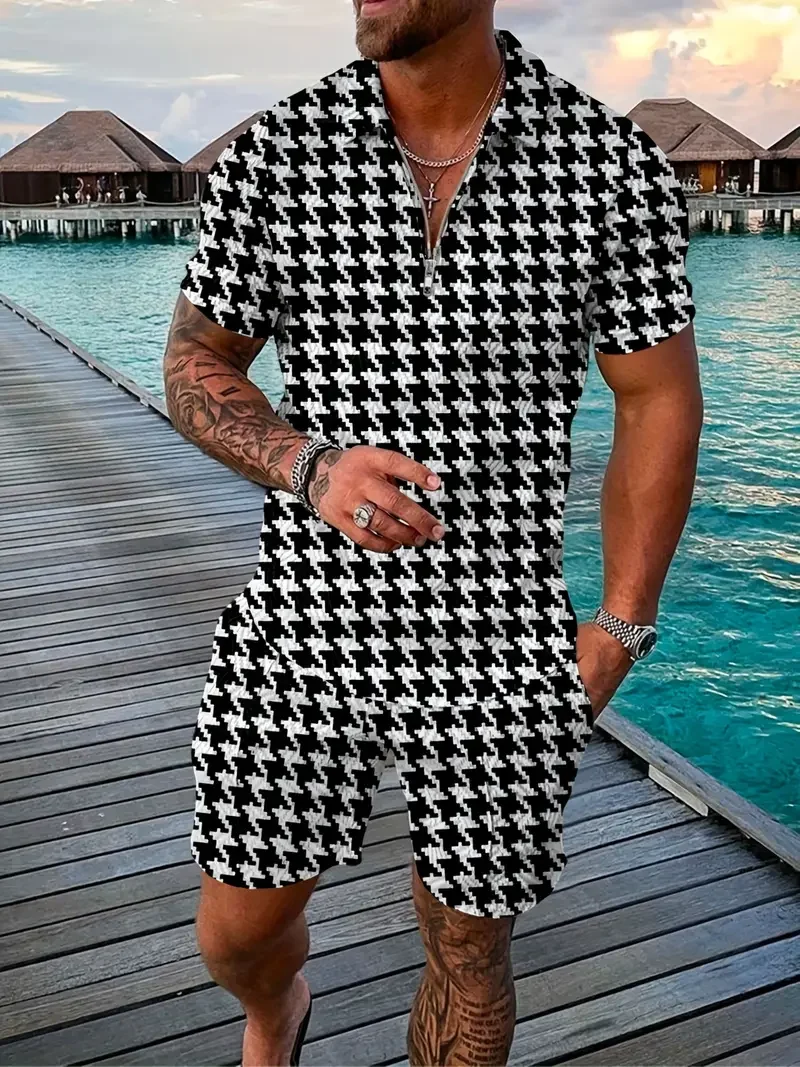 Polo con estampado gráfico 3D para hombre, conjunto de pantalones cortos para negocios, informal, actividad, verano, estilístico, 2 piezas, talla grande