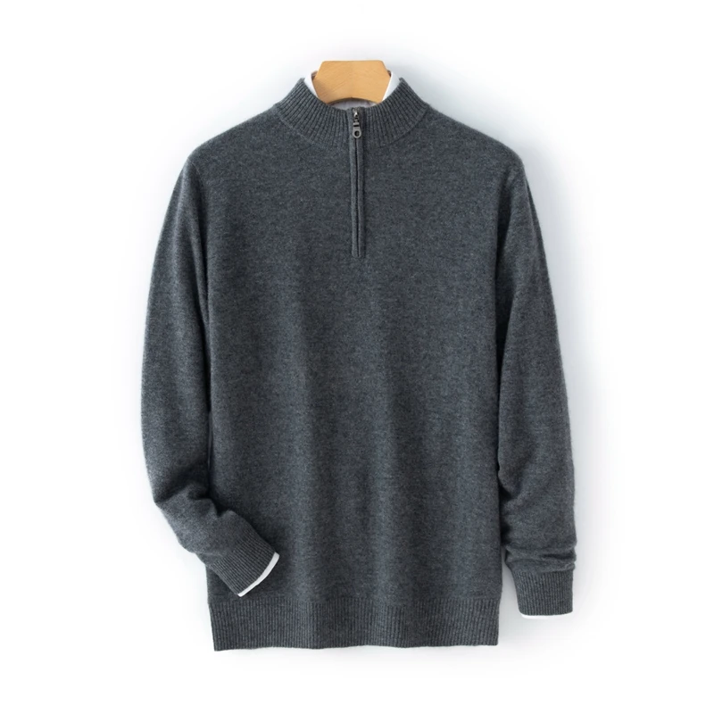CHICUU Men's 100% Cashmere Sweater Zipper Pullover Mock Neck Long Sleeve Basic Cashmere Knitwear Autumn Winter Clothing Tops