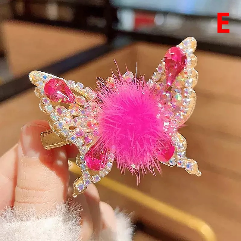 3D Movable Butterfly Hairpin Elegant Rhinestone Hair Clips For Women Fur Ball Barrettes Hair Clip Headwear Hair Accessories