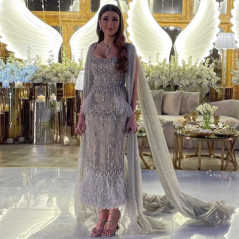 Vestido de noche árabe de sirena para mujer, traje Formal de lujo con capa de plumas de cristal de Dubái para baile de graduación de boda