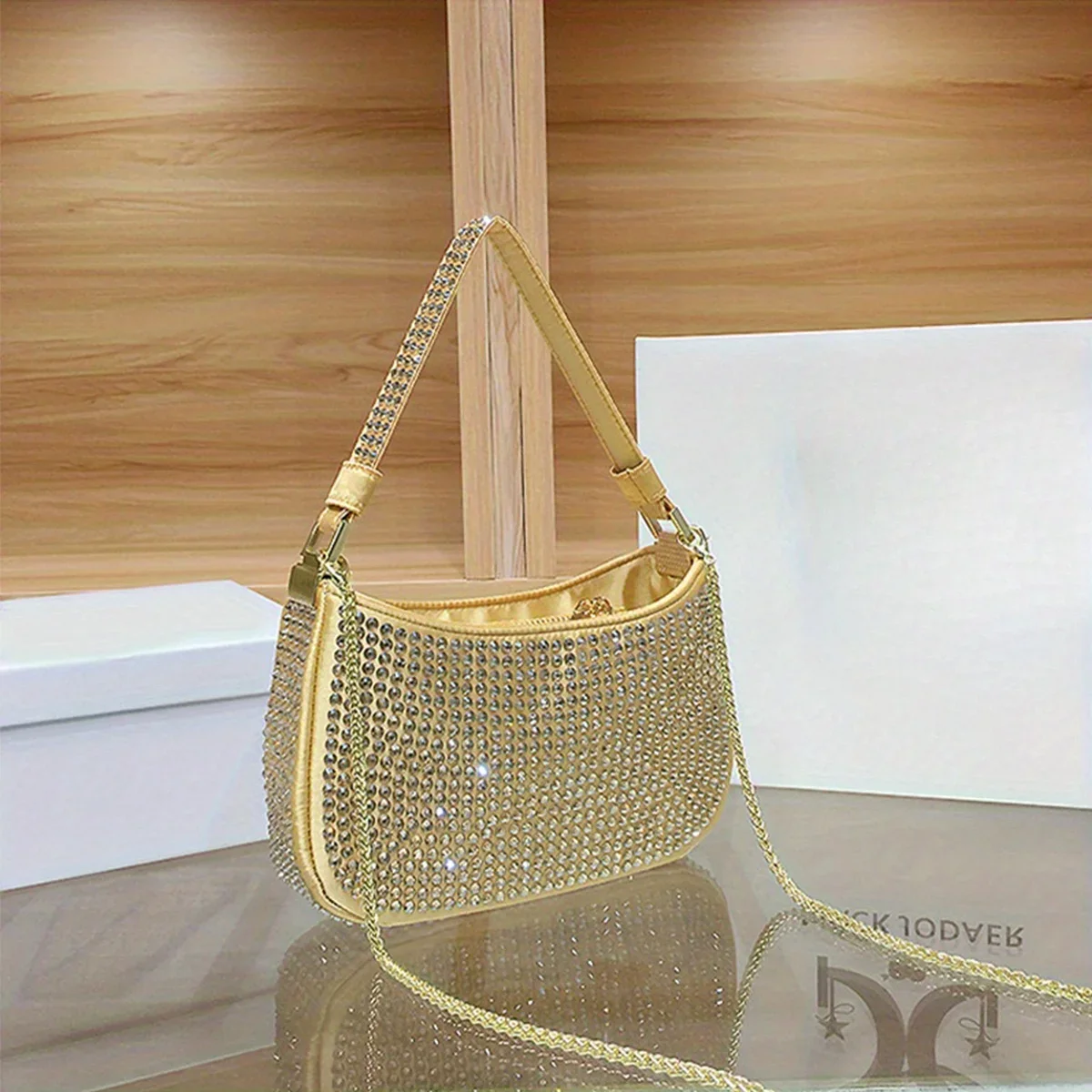 

Luxury designer women's fashionable rhinestone bag crescent shaped dinner bag adjustable shoulder strap party bag